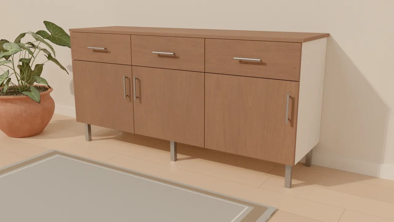 Render de un aparador de tres cajones y tres puertas con frentes de nogal, tiradores de barra y patas metálicas, junto a una planta.
