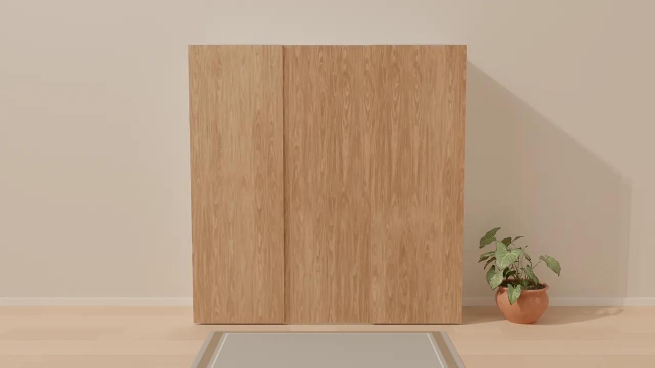 Render de un armario de puertas correderas con frentes de roble claro, de frente, contra una pared marfil con una planta al lado.
