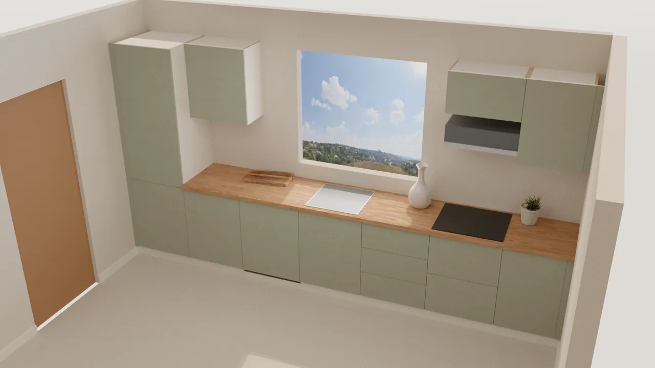 Render de una cocina de 4,20 m en una pared con ventana: frentes verde salvia sin tirador, encimera de roble, placa de inducción y columna alta a la izquierda.