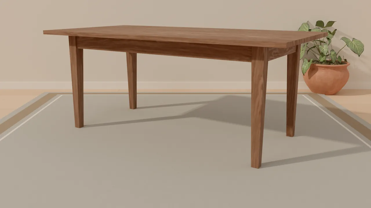 Render de una mesa de comedor de madera maciza con tinte nogal, patas cónicas y faldones, sobre una alfombra gris.
